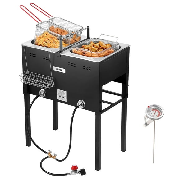 VEVOR Outdoor Propane Deep Fryer, Dual-Tank 16QTx2 Large Capacity Commercial Fryer,Stainless Steel Fish Cooker with 3 Basket,Thermometer,Floor Standing Fryers for Catering Event Camping,50,000 BTU