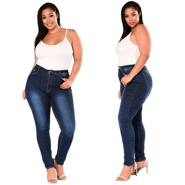 MRULIC jeans for women Women Plus Size Stretch Slim Denim Skinny Jeans  Pants High Waist Pencil Trousers Dark blue + 4XL 
