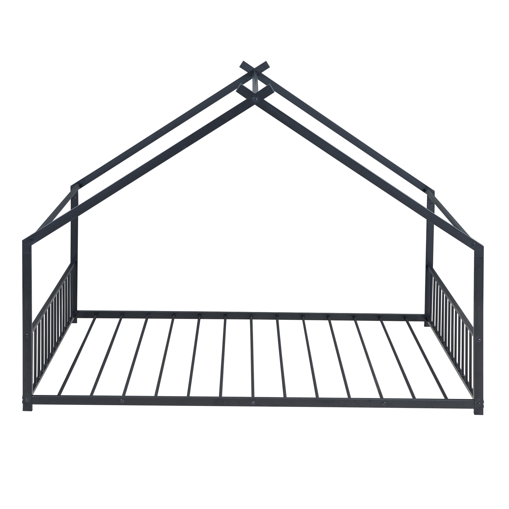 Aukfa Full Size Metal House Bed, Montessori Floor Bed for Kids Toddler, Black