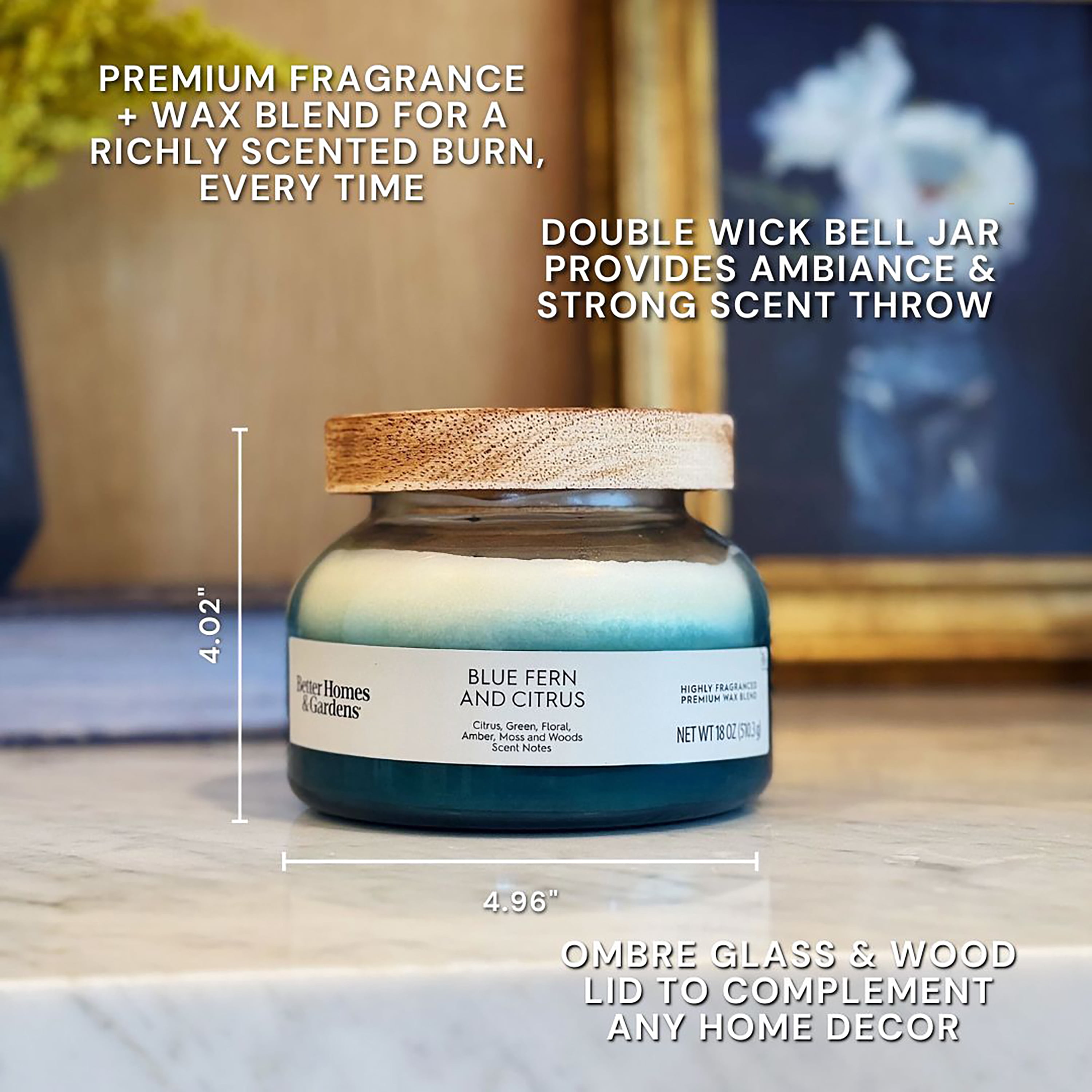 Better Homes and Gardens Blue Fern and Citrus Scented 2-Wick Ombre Jar Candle 18oz.