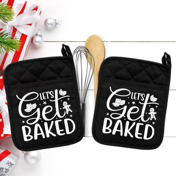 Set of 2 Black - Let's Get Baked 1 - Pot Holder - Oven Mitt - Hot Pad - Polyester & Neoprene White Elephant - 9" x 7" - NEO019BLKDBL