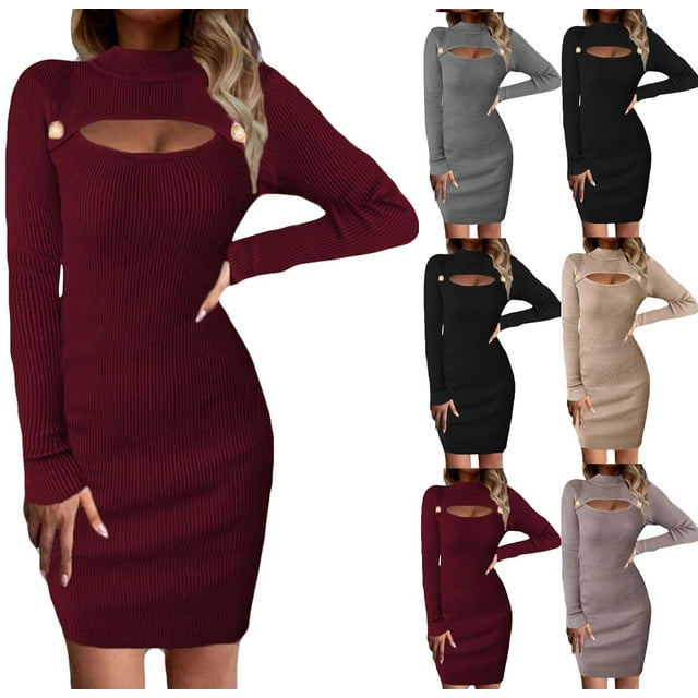 Gspmoly Robe pour Femmes, Robe Décontractée Unie en Tricot Ajouré à Manches et Col Rond pour Femmes, Robes de Travail pour Femmes, Cadeaux de Vacances