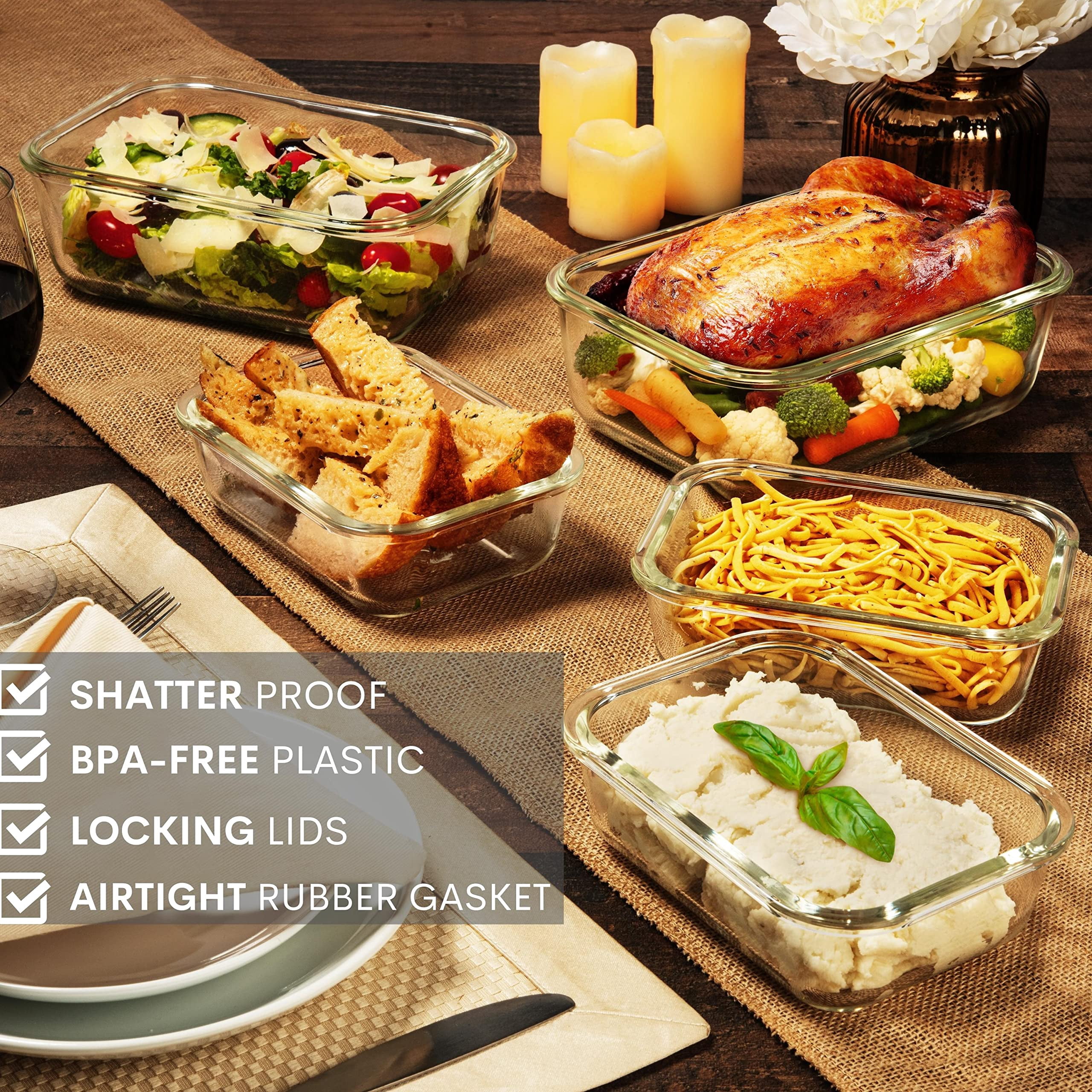 Gray 4 Piece 63 Oz 8 Cup Glass Food Storage Containers with Locking Lids