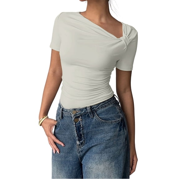 LWavelet Womens Plus Size One Shoulder Short Sleeve Top Twist Fitted Summer Daily Casual Comfortable Blouse White S