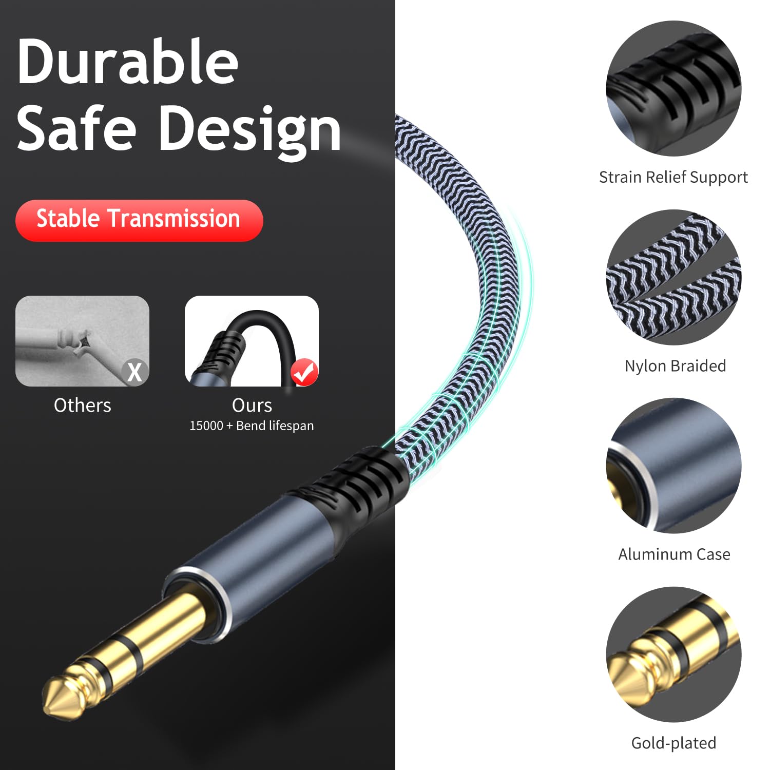 JJEAN-1/4" Male to Female Stereo Headphone Extension Cable - 15ft, Quarter Inch Guitar Cable