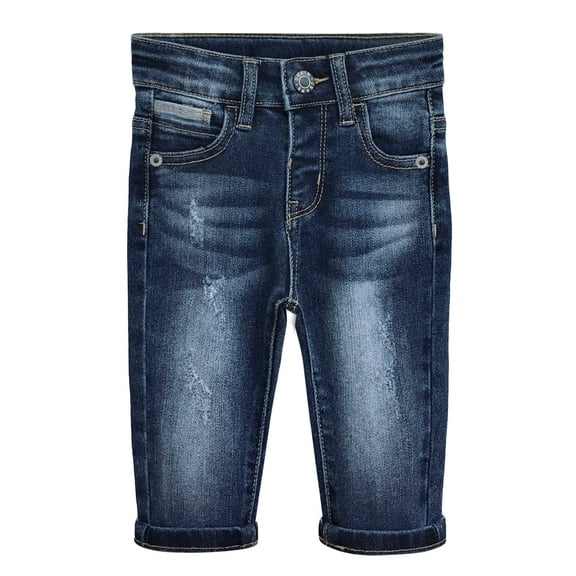 KIDSCOOL SPACE Baby Jeans,Little Toddler Elastic Band Inside with D-ring Distressed Vintage Creasing Stretch Denim Pants,Mid Blue,12-18 Months