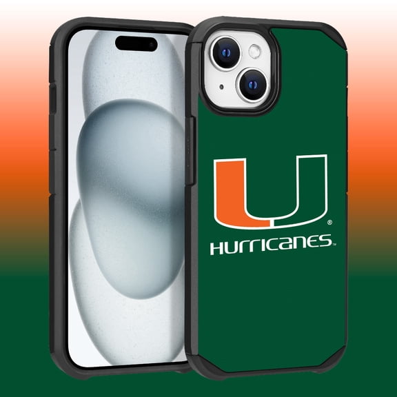 Apple iPhone 15 Plus (6.7) / Apple iPhone 14 Plus (6.7) - Licensed NCAA University of Miami Hurricanes Logo on Green Textured Dual Layer Case