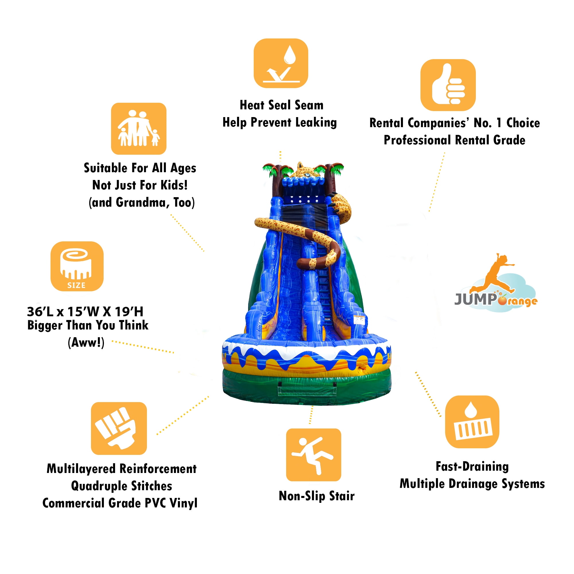 JumpOrange 19’ Jaguar Commercial Grade Water Slide with Splash Pool for Kids and Adults (with Blower), Outdoor Indoor, Wet Dry Use, Tall Inflatable