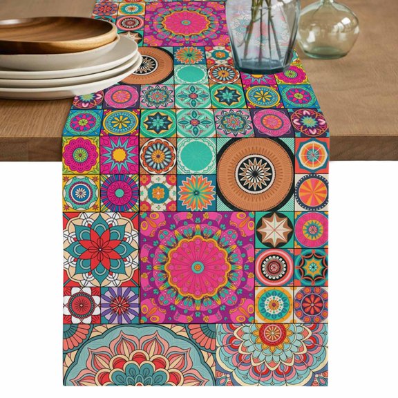 Table Runner 72 Inches Long for Kitchen Dining, Colorful Ethnic Dresser Scarf Farmhouse, Dining Table Decorations for Wedding/Parties, National Modern Geometric Red Green 13 x 72 In