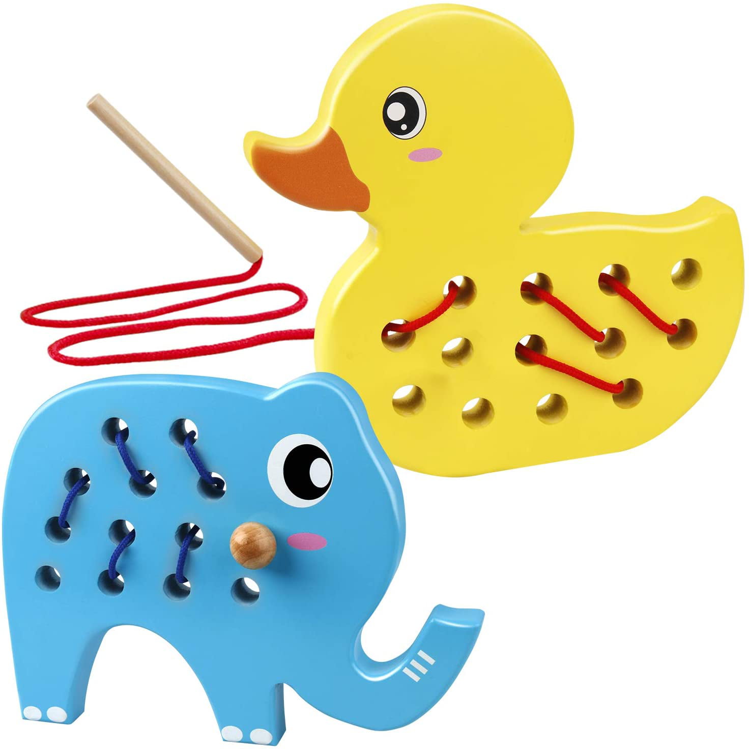 Wooden Lacing Duck and Elephant, 2PCS Animals Fine Motor Skills Threading  Toys, Airplane Car Travel Game Montessori Cognition Preschool Puzzle Gift  