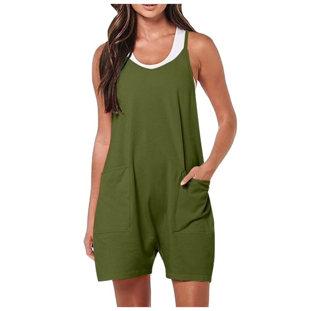 Monos cortos informales de verano 2025 para mujer: mono holgado con tirantes finos y bolsillos, tallas S-XXL
