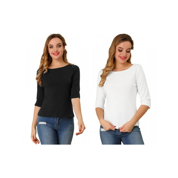 NOMADIC NOOK Women's 2 Packs Elbow Sleeves Boat Neck Slim Fit Classic Tee