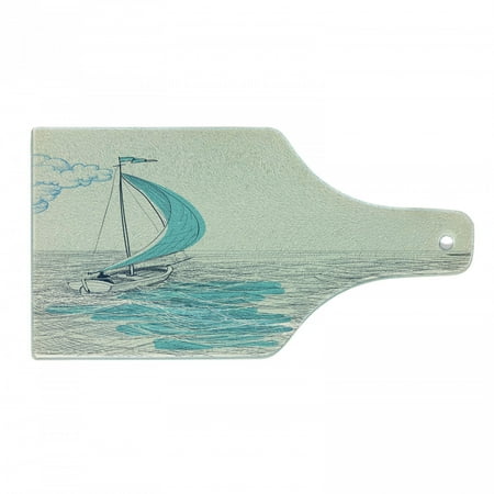 

Nautical Cutting Board Sailing Boat Reflection Cloudy Sky Sandy Seaside Shoreline Hobby Water Sports Decorative Tempered Glass Cutting and Serving Board Wine Bottle Shape Aqua Beige by Ambesonne