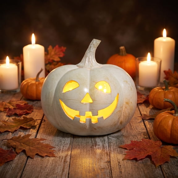 LOWLHOME Classic Smiling Face Pumpkin Lights, Halloween LED Light Up Pumpkin Decor, Holiday Party & Seasonal Accent, White, 1 Count, 7.6*7.2 in