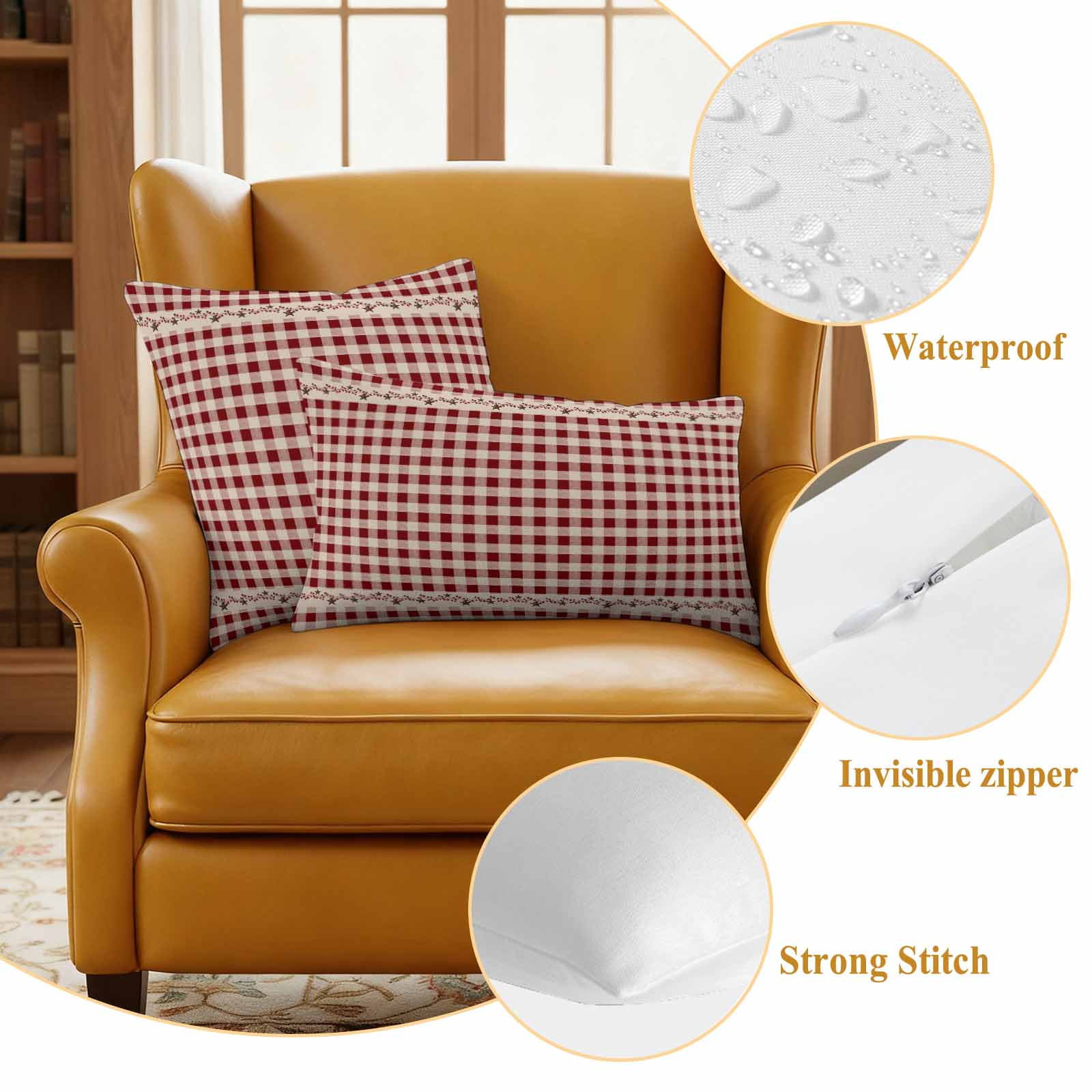 Country Star Plaid Outdoor Waterproof Pillow Covers, Retro Red American Farm Barn Berry Decorative Square Throw Pillowcase Sofa Cushion Sham for Patio/Couch/Chair, 18"x18" 2 Pack