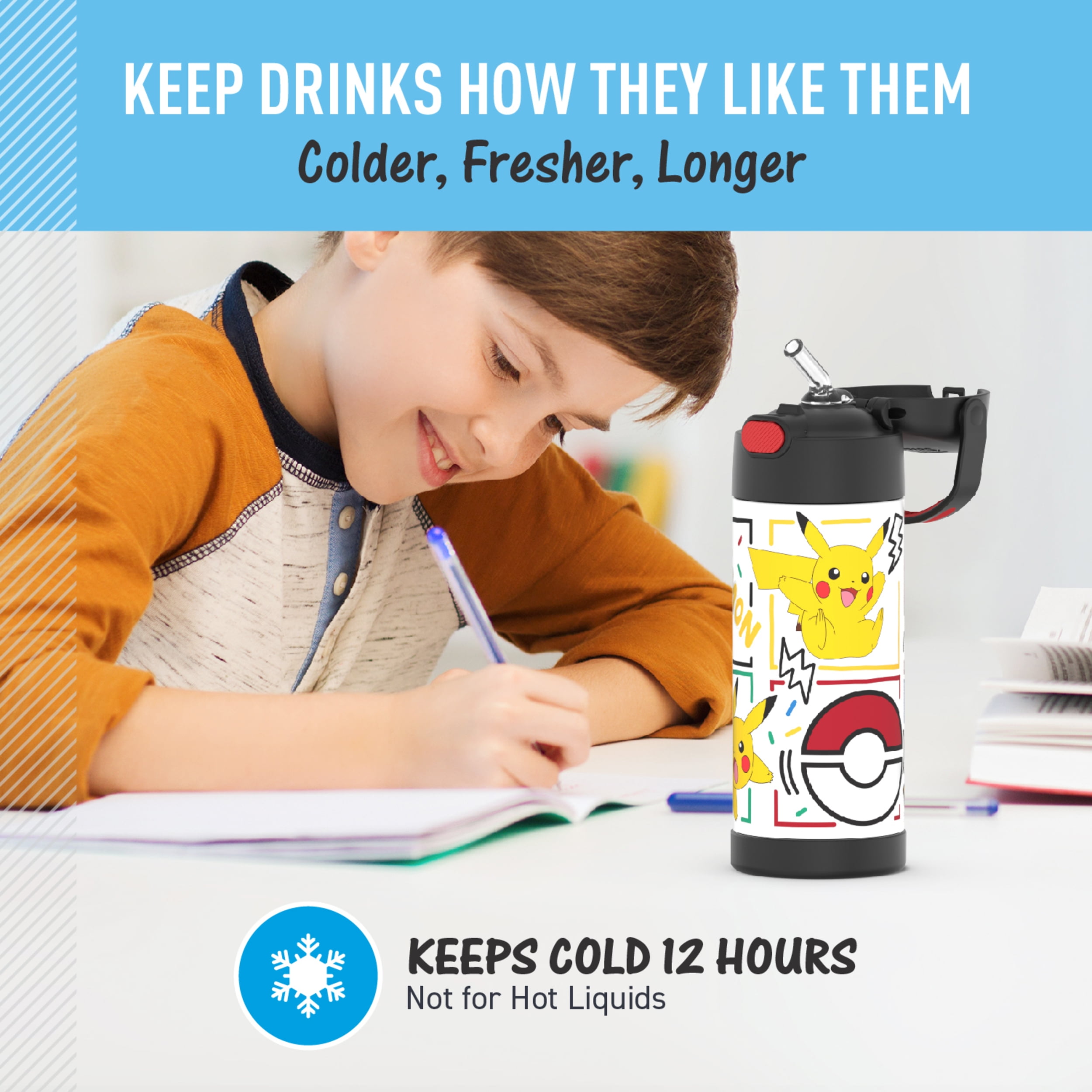 (4 pack) Thermos FUNtainer Pokemon Kids Insulated Water Bottle with Straw, 14oz Stainless Steel, Leak-Proof