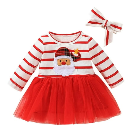 

2023 New Girls Princess Evening Dresses Toddler Kids Baby Girls Christmas Long Sleeve Tulle Tutu Dress Striped Printed Santa Princess Dresses Headband Xmas Outfits Clothes Set
