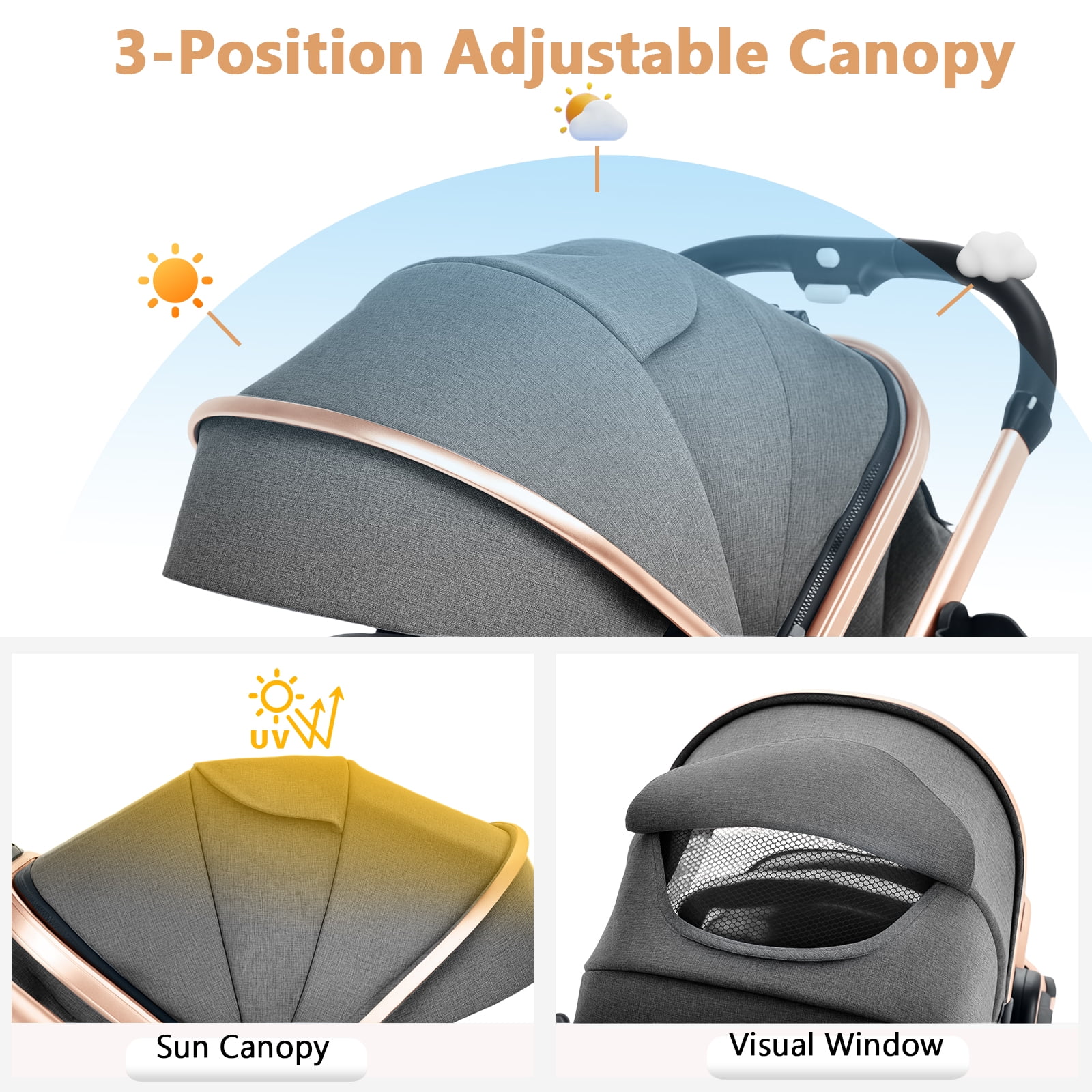 LINLUX 2 in 1 Baby Stroller w/ Diaper Bag & Big Wheel, Infant Pushchair, 23 Pounds, Rose Gold