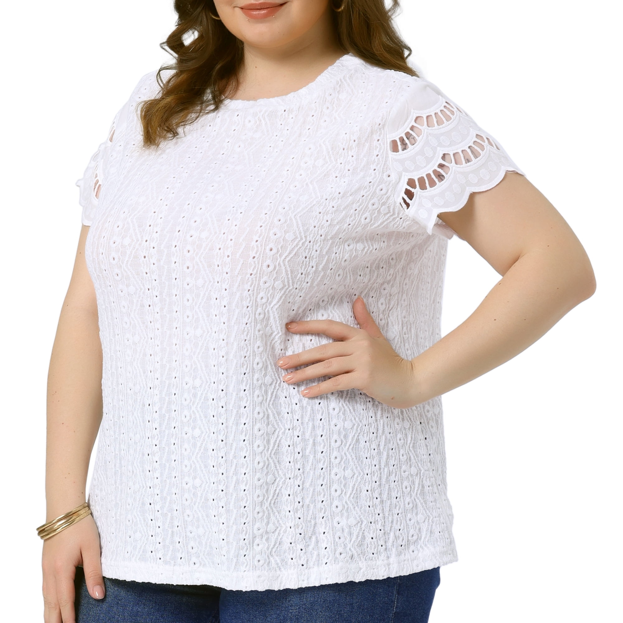 DARING DIVA Women's Plus Casual Lace Panel Hollow Dressy Eyelet Blouses 1X White