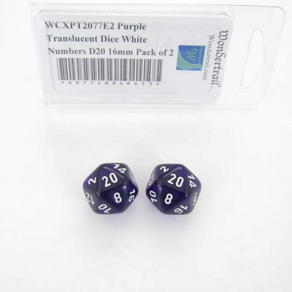 Purple Translucent Dice with White Numbers D20 Aprox 16mm (5/8in) Pack of 2 Wondertrail