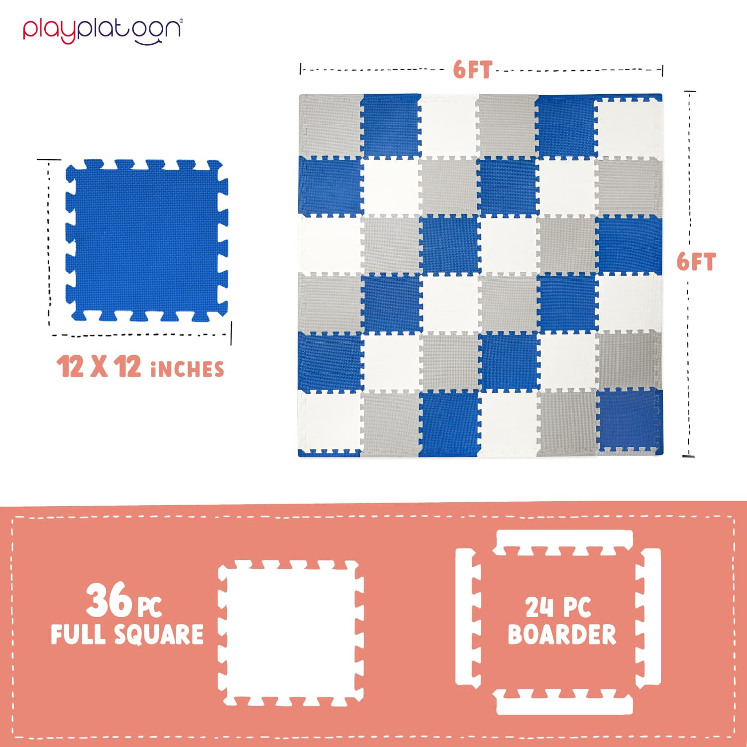 Play Platoon Non-Toxic Foam Puzzle Floor Mat, Comfortable, Extra Thick, Cushiony Exercise and Play Mat for Toddlers, Kids & Adults, 36 Tiles (12"x12"), Grey/Cream/Navy