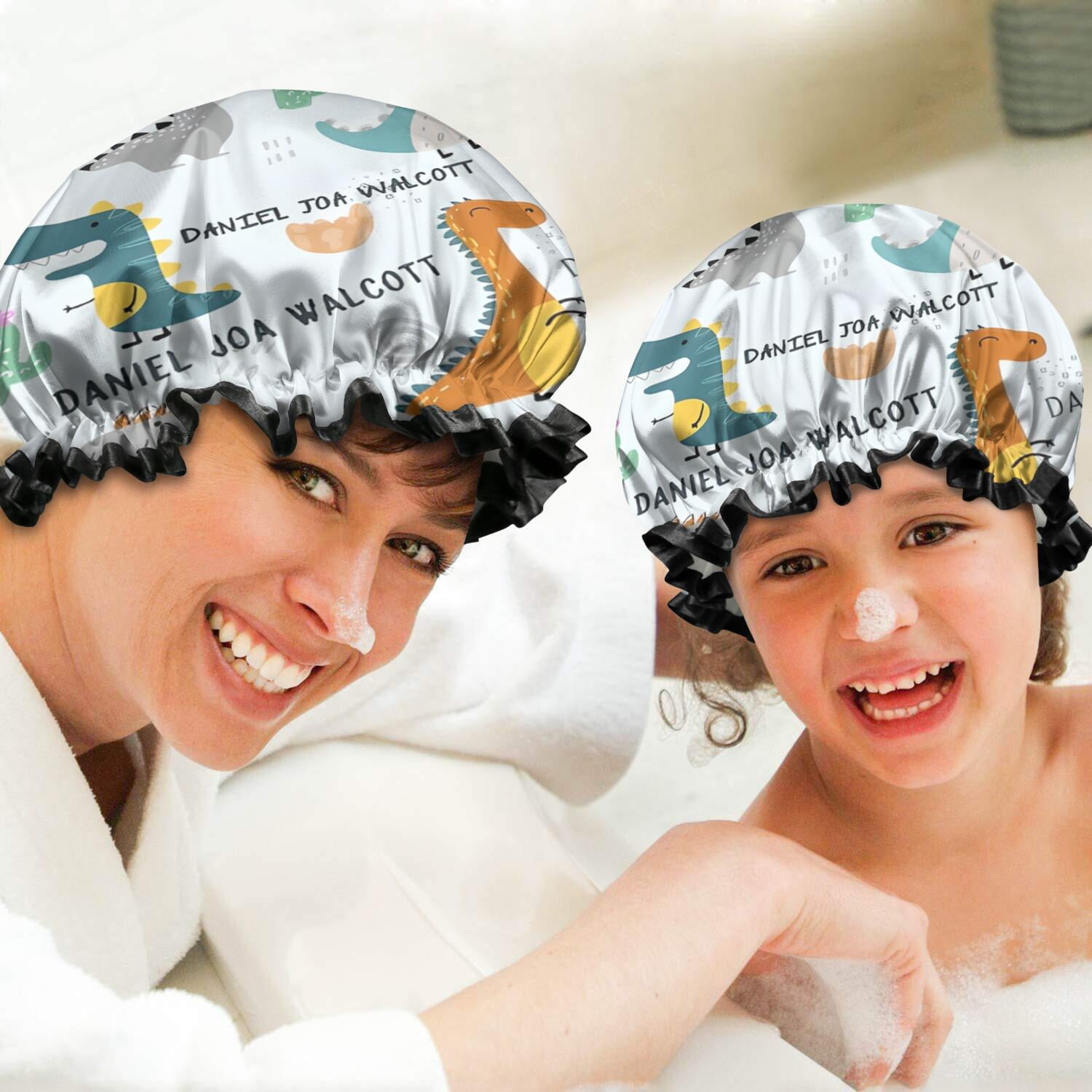 Shower Caps,LightBlue Cartoon Dinosaurs Name Pattern Waterproof Shower Cap for Women 4 Pieces,Double Reusable Hair Cover for Shower PEVA Elastic Stretch Hem