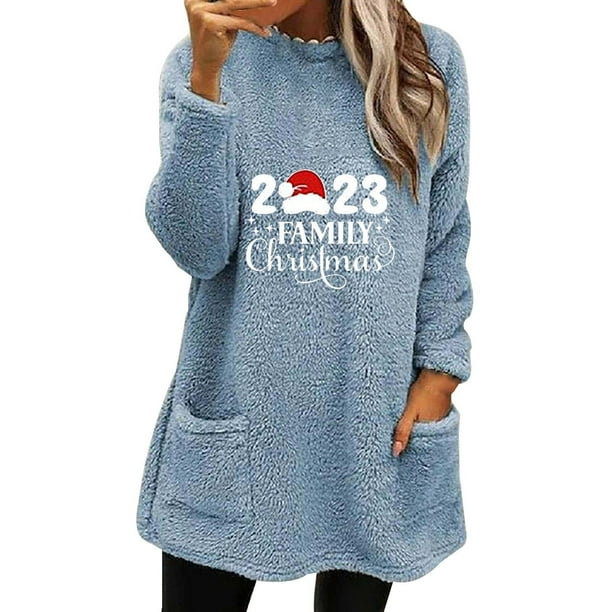 Gibobby Sudadera de Navidad para mujer Sudadera con capucha de felpa con bolsillo y manga larga con cuello redondo y estampado navideño informal para mujer(Azul,G)