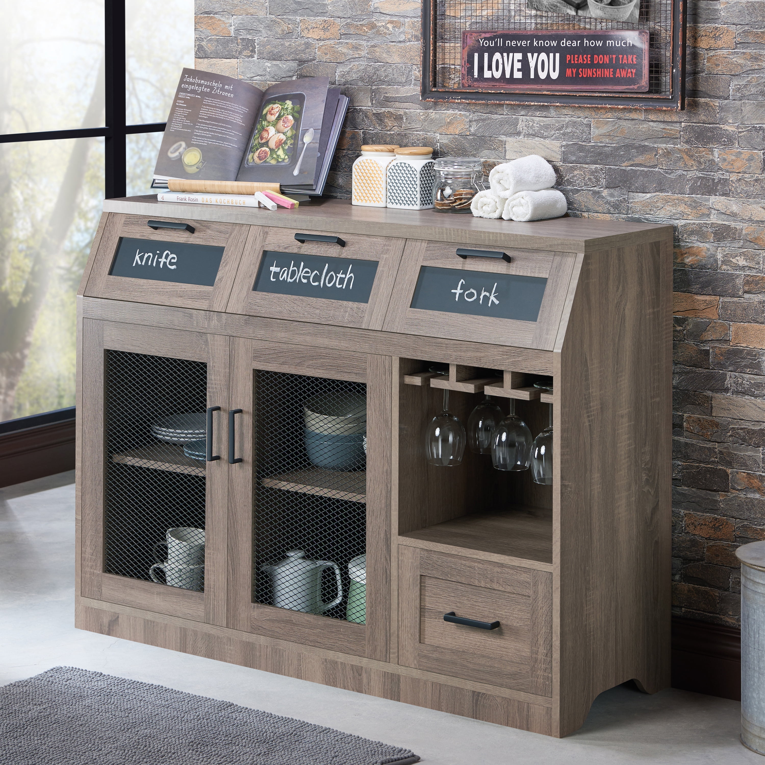 Furniture of America Michigan Multi-Storage Dining Buffet, Chestnut Brown