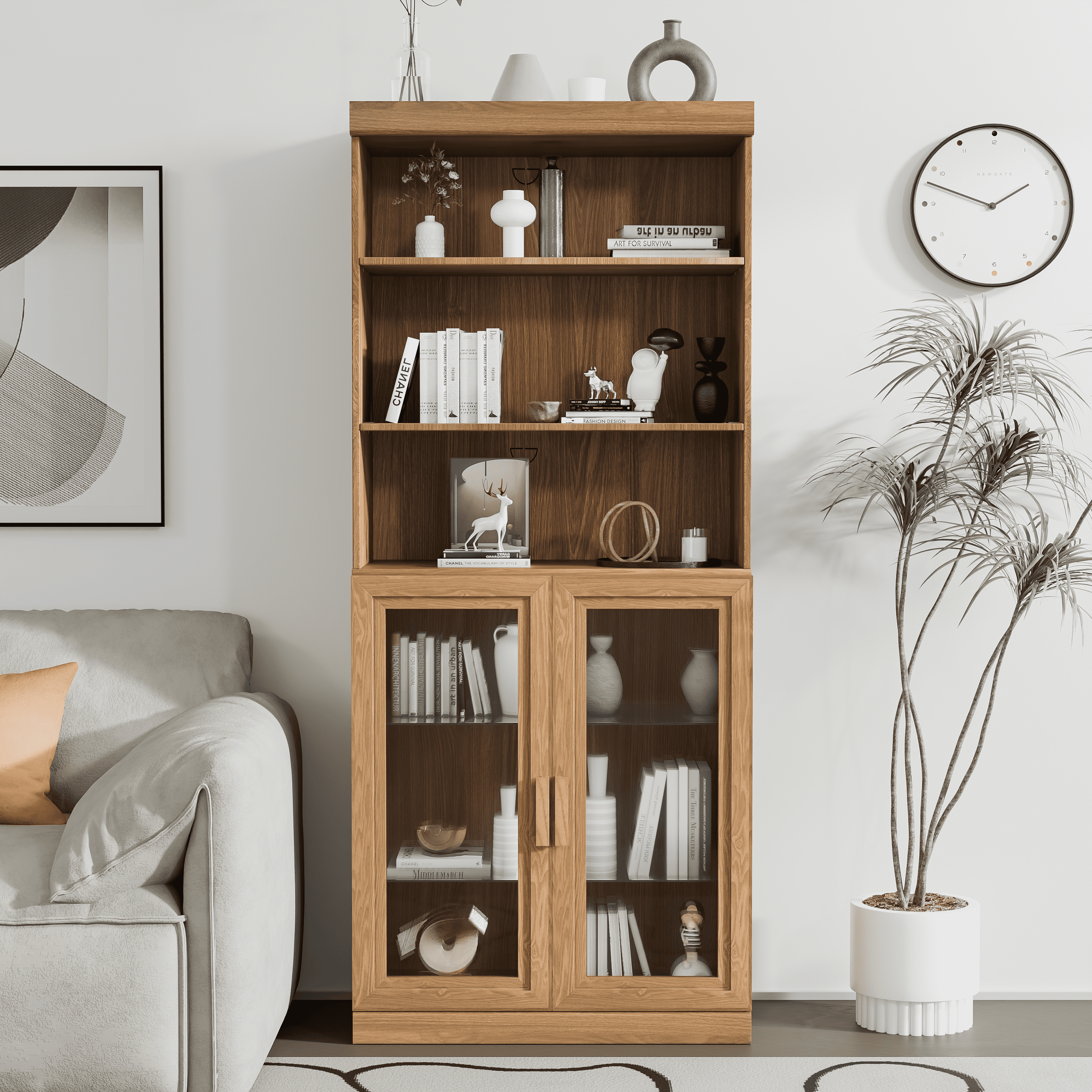 MAYEERTY 2-Set 16*31*36"Natural Wood Grain Storage Cabinet with Adjustable Shelves for Living Room, Bookcase