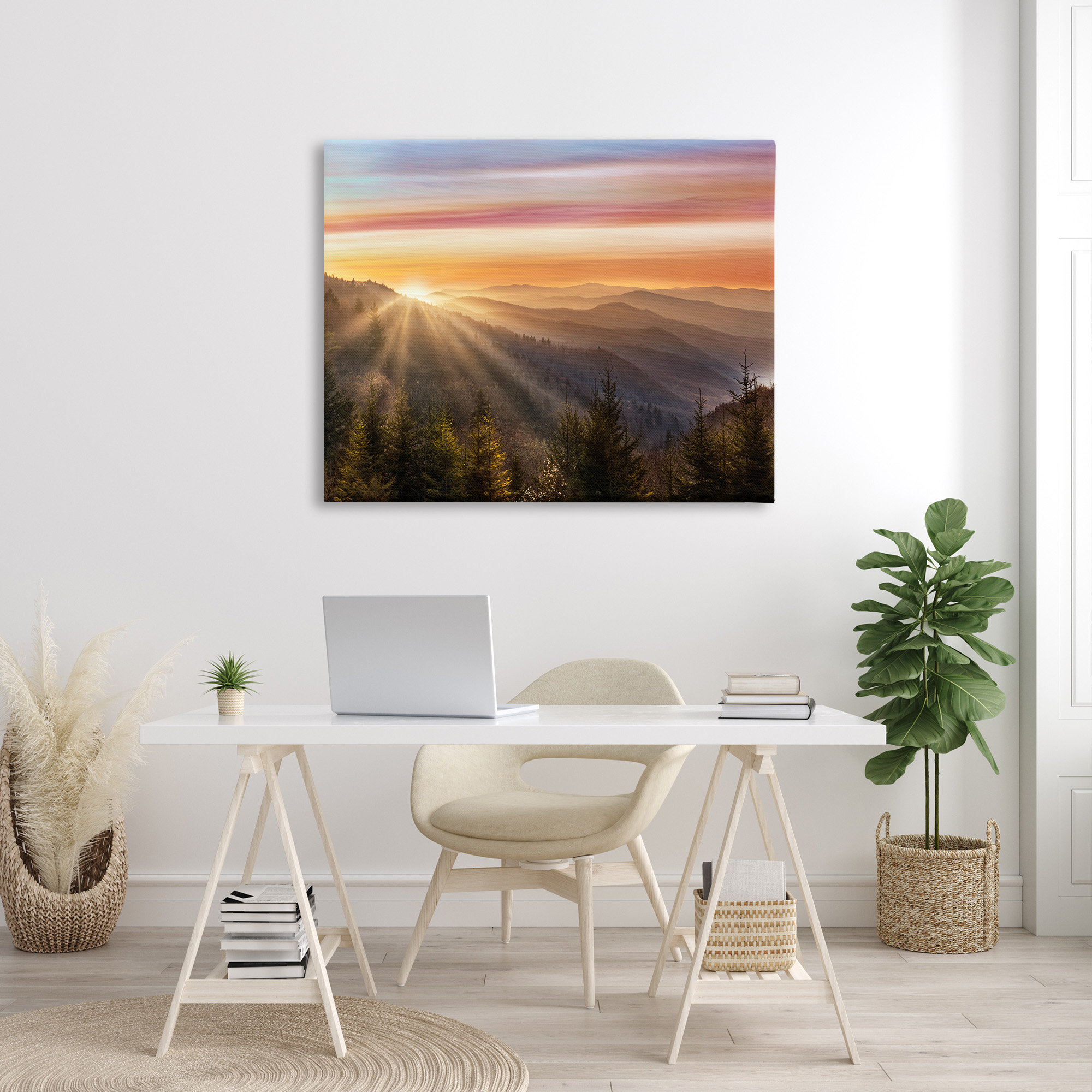 Sunrise Through Mountain Forest Skyline Canvas Art, 48 x 36, Design By Artist Danita Delimont