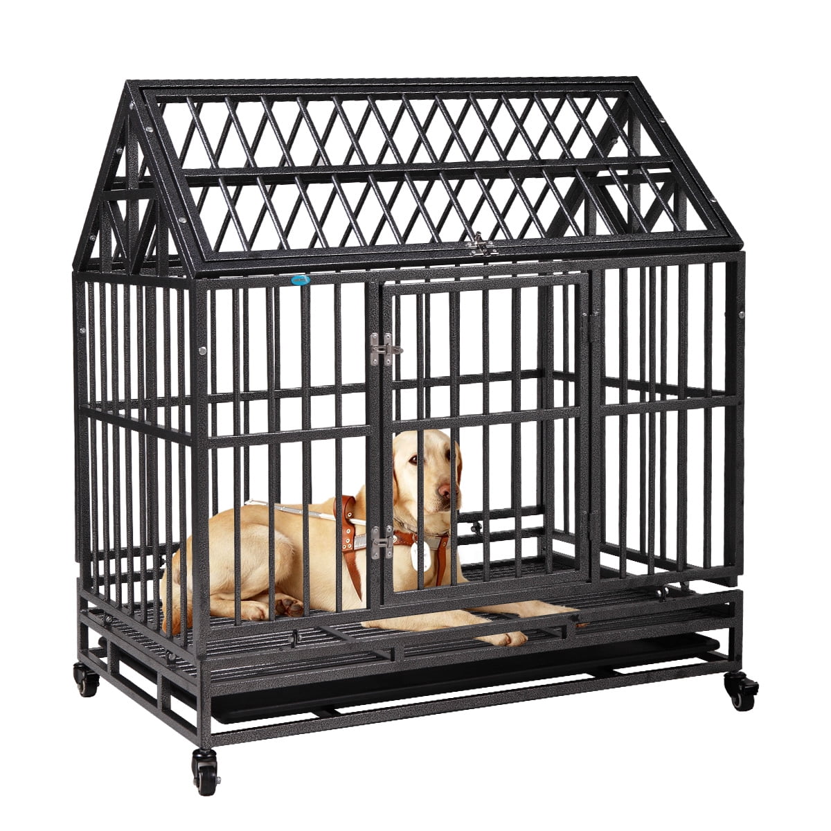 DodreHome Heavy Duty Dog Cage Crate for Large Dogs,Strong Metal Kennel with Four Wheels and One Tray,37-Inch Black Color 