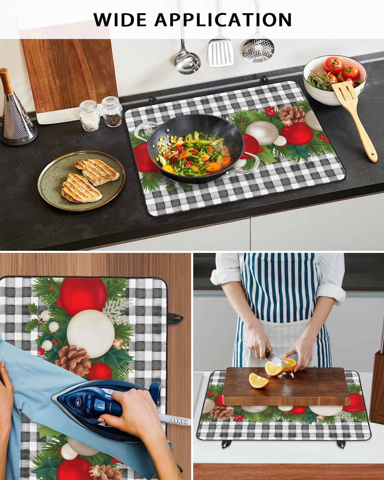 Large Induction Cooktop Protector Mat Christmas Stove Top Covers for Electric Stove, Red White Ball Pine Cones Needles Grey Plaid Decorative Stove Burner Cover Mats, Glass Top Stove Cover