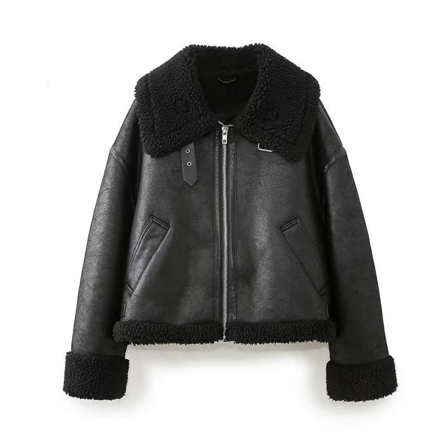 Women's Jacket with Collar Long Sleeve Zipper Pocket Double sided Motorcycle Style Spring New Style Jacket black L