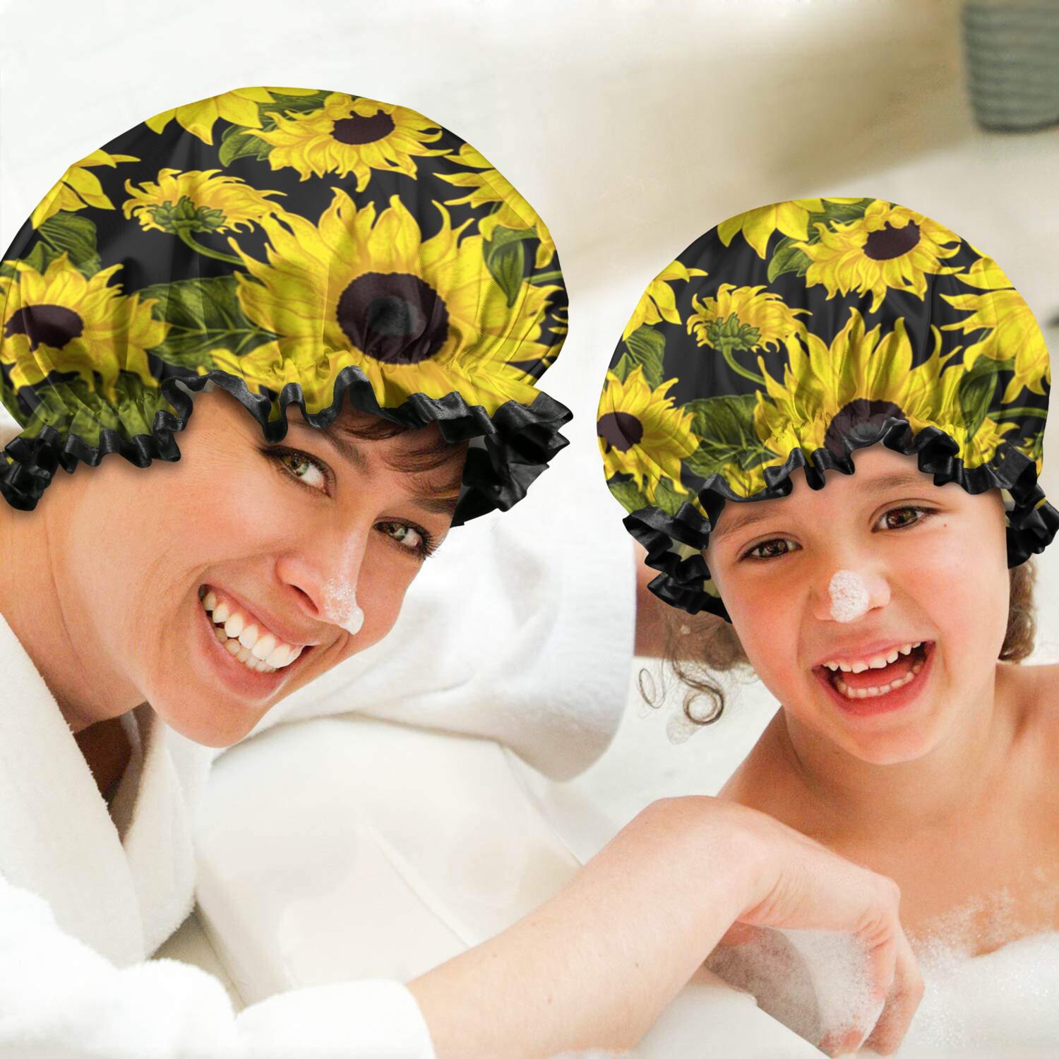 Shower Caps,Black Green Stem Sunflower Pattern Waterproof Shower Cap for Women 4 Pieces,Double Reusable Hair Cover for Shower PEVA Elastic Stretch Hem
