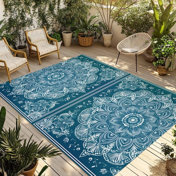 Fsddascl Teal Boho Floral Outdoor Rug for Patio/Deck/Porch, Non-Slip Large Area Rug 4 x 6 Ft, Farmhouse Ethnic Tribal Abstract Art Indoor Outdoor Rugs Washable Area Rugs, Camping Rug Carpet