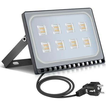 

50W Projecteur Led Avec Prise Spot Led Extérieur Ip65 Projecteur Extérieur Etanche Projecteur En Aluminium Blanc Chaud 3000K Applique Idéale Pour Jardin Terrain De Sport