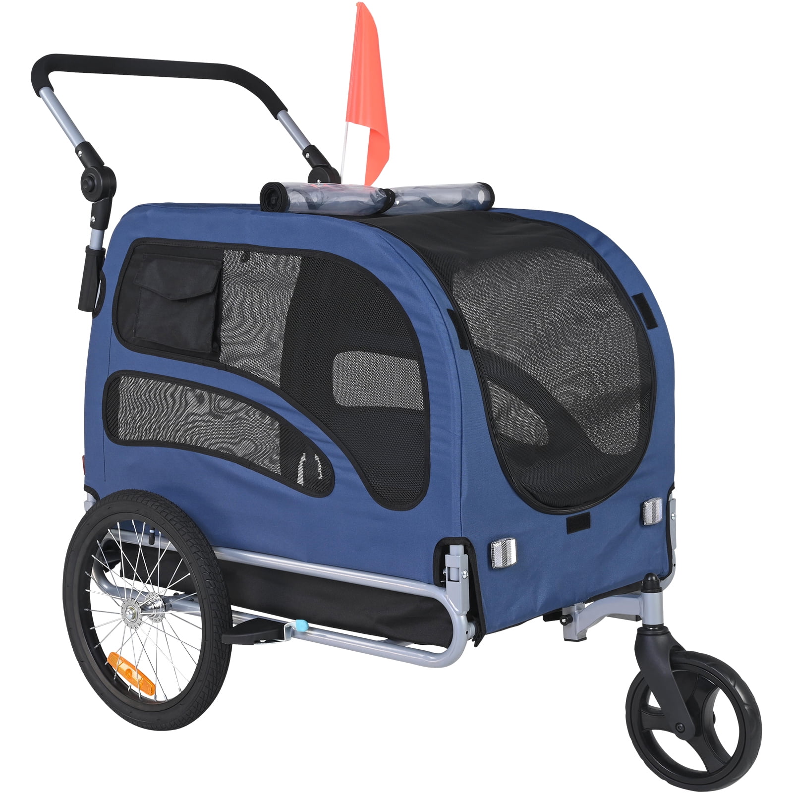 KFFKFF Pet Bike Trailer, Up to 100 lbs Capacity, Dual-Function Dog Stroller and Bike Carrier, Foldable Frame with Snap-On Wheels, Fits All Bikes, Includes Safety Flag and Reflectors, Blue/Black