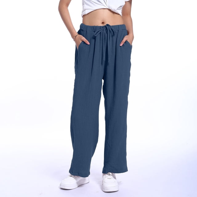 HOWPAY Womens Linen Pants Solid Color Relaxed Fit Wide Leg Drawstring Elastic Waist Trousers with Pockets Casual Summer Comfy Soft Baggy Pant Navy L