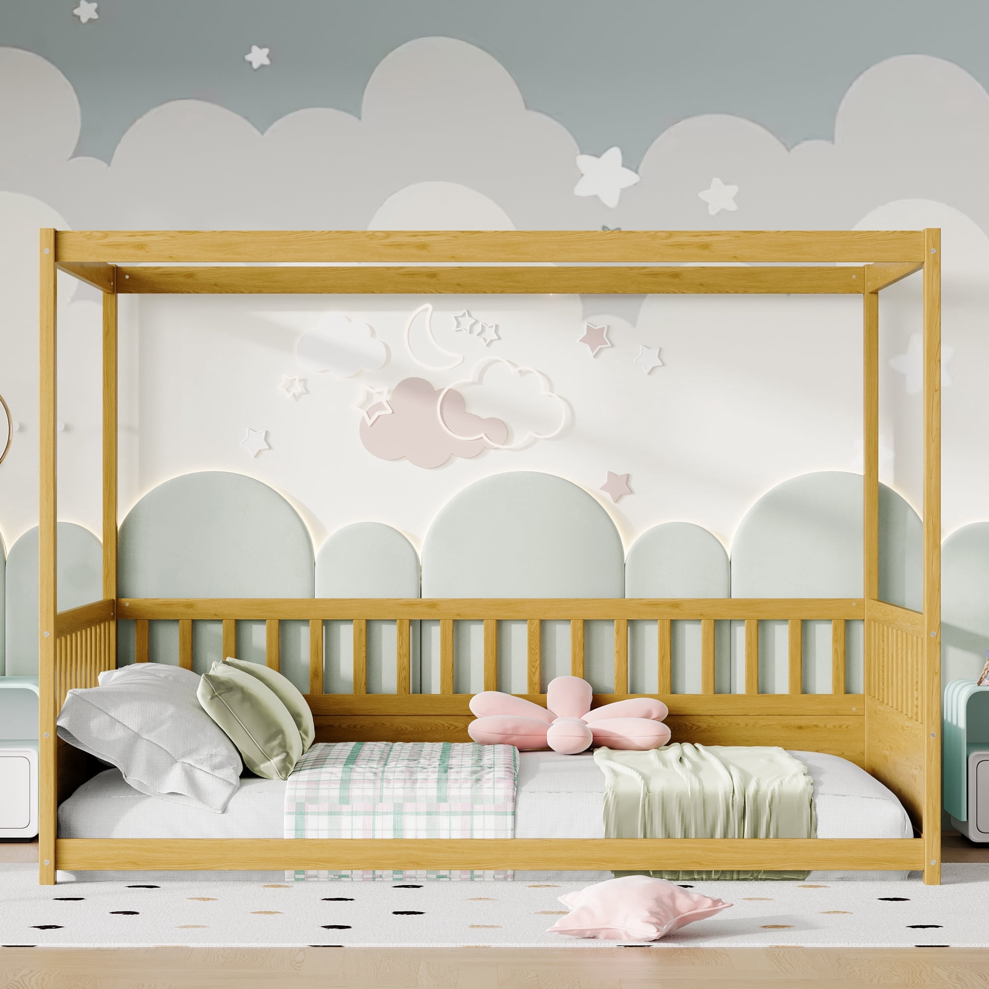 Bellemave Full Size Canopy Bed Frame with High Fence Guardrails Montessori Floor Bed Frame with Four Poster Design Wooden Canopy Bed (Full, Natural)