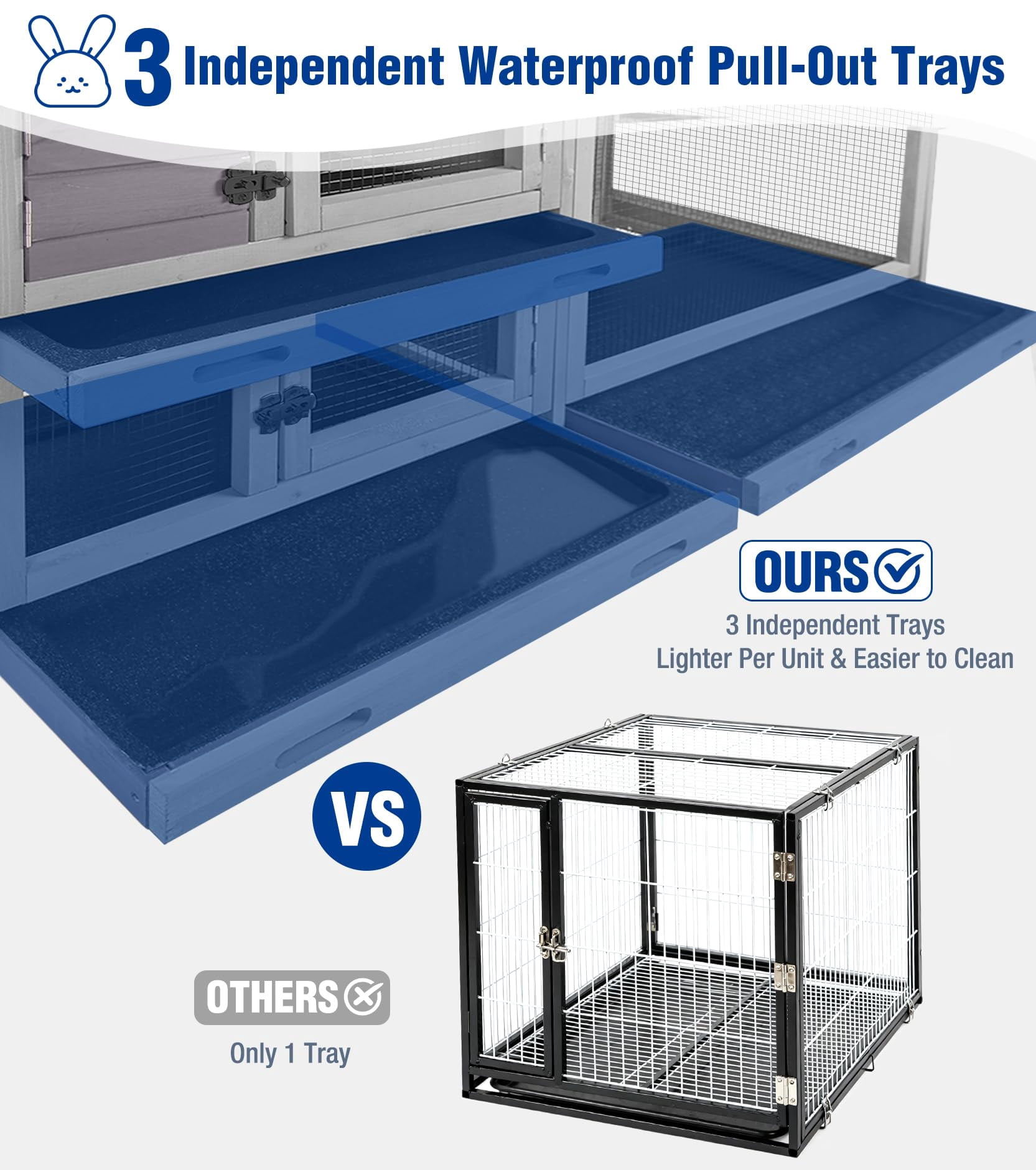 Aivituvin Large Rabbit Hutch Indoor, Bunny Cage Outdoor with Chew-Proof Ramp, 2-Story Guinea Pig Cages with 6 Wheels, 3 Pull-Out Trays, Waterproof Asphalt Roof, 62" L - Gray