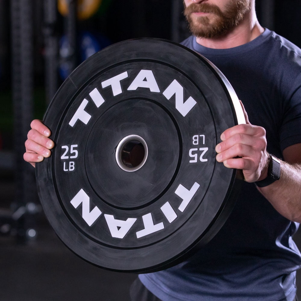 Titan Fitness 25 LB Pair Economy Series Black Olympic Bumper Plates, Durable Rubber Exterior with Steel Core, Weightlifting and Strength Training Weight Plate