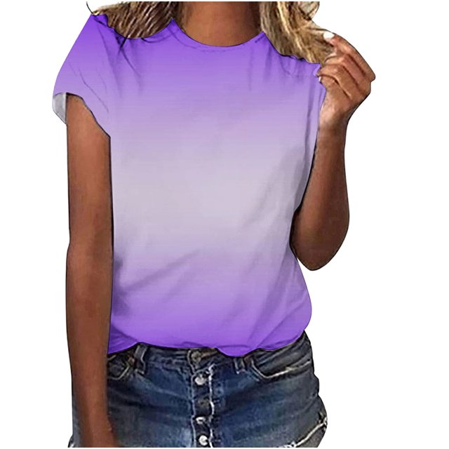 Yuyuzo Short Sleeve T Shirts for Women Round Neck Shirts Gradient Color Summer Tops Plus Size