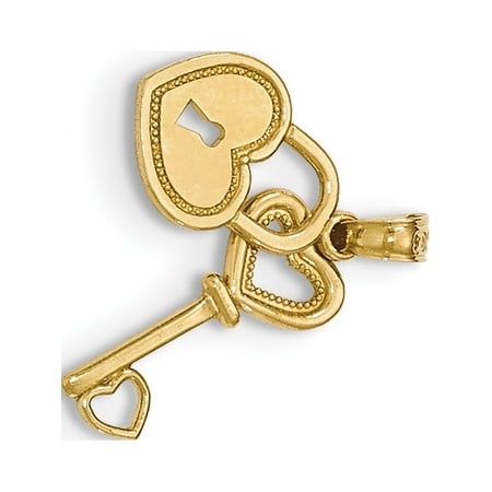 Gold Polished Lock Charm - 14k Yellow Gold Polished Key and Heart Shaped Lock Moveable Pendant / Charm