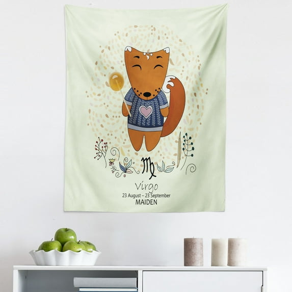 Zodiac Virgo Tapestry, Funny Happy Cartoon Character on a Floral Background Horoscope Design, Fabric Wall Hanging Decor for Bedroom Living Room Dorm, 5 Sizes, Multicolor, by Ambesonne