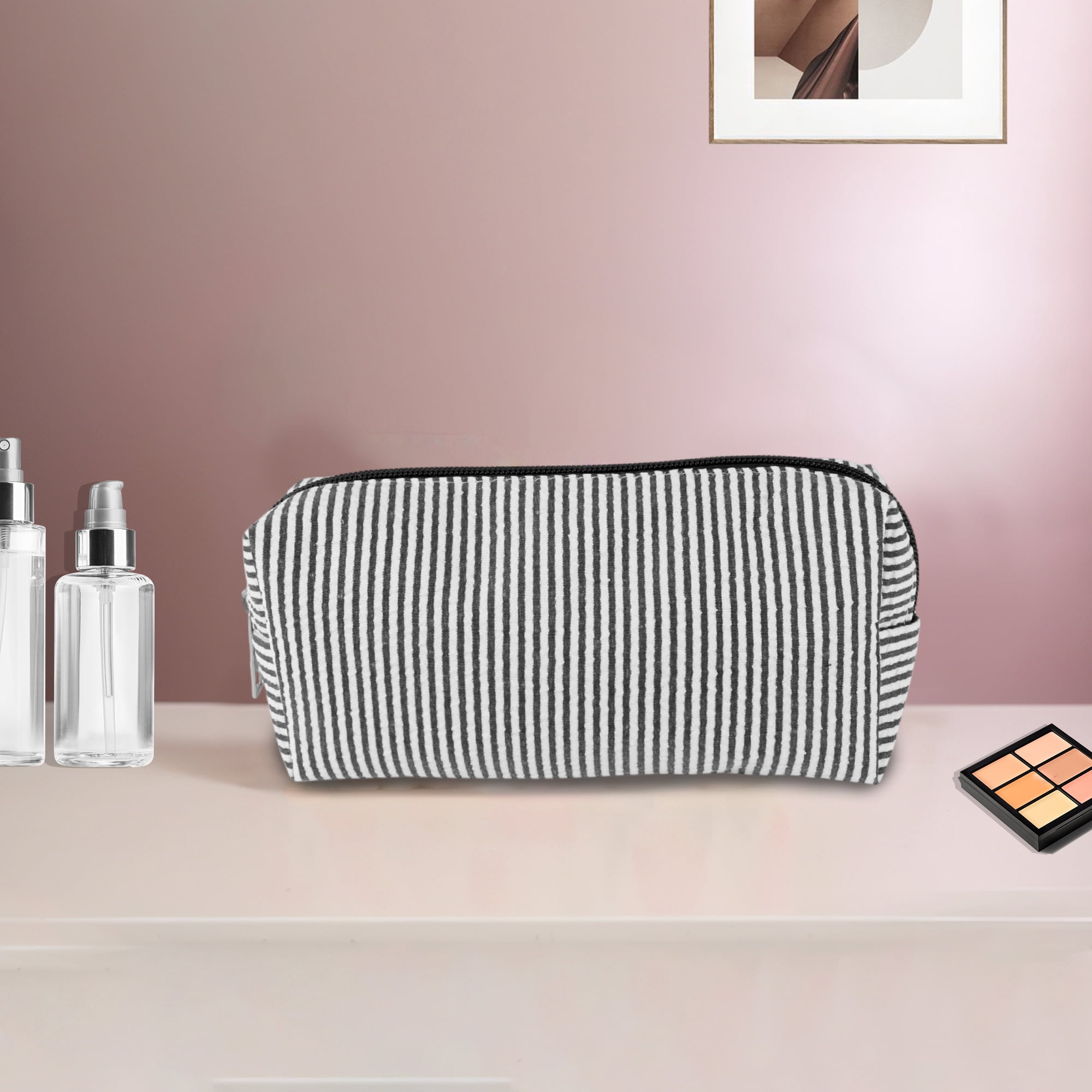 Unique Bargains 1 Pc Lady Portable Rectangle Makeup Bag for Travel Black White