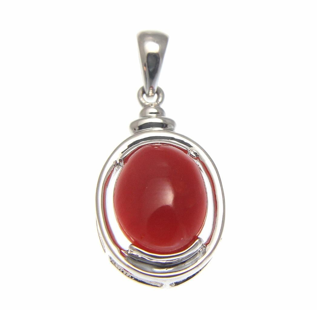 Genuine natural red coral pendant set in solid 14k white gold 11mm by