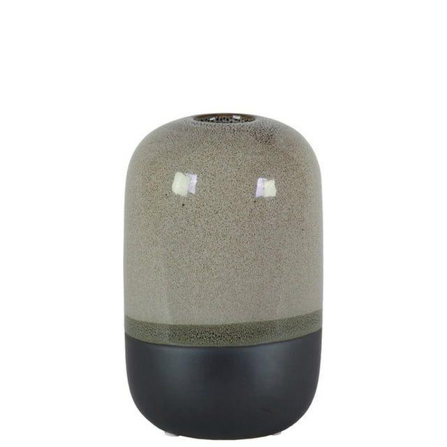 Cylindrical Stoneware Vase With Black Banded Rim Bottom, Small, Glossy Gray