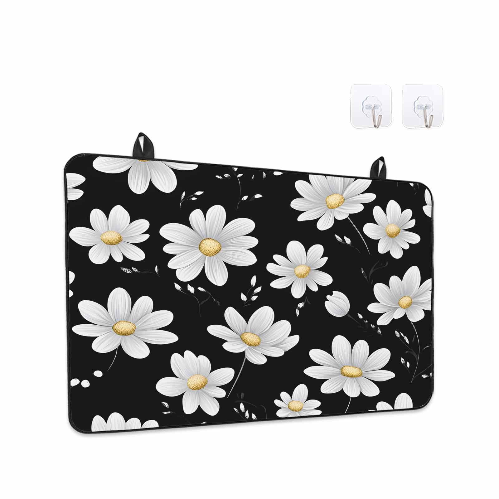 White Daisy Floral Stove Top Cover for Electric Stove, Heat-proof & Non Slip Glass Top Stove Cover Protector, Spring Summer Flowers Black Kitchen Flat Cooktop Rubber Mat 24x21 Inches