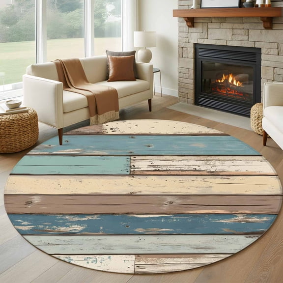 Blue Brown Beige Farmhouse Round Area Rug 5 FT, Non Slip Bedroom Rugs, Vintage Wood Washable Soft Circular Carpet Non-Shedding Floor Mat for Kitchen Dining Room Foyer Balcony Dorm