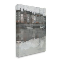 Stupell Industries Dark Sailboat Seaport Murky Coastal City Landscape Travel & Places Painting Gallery Wrapped Canvas Print Wall Art, 24 x 30